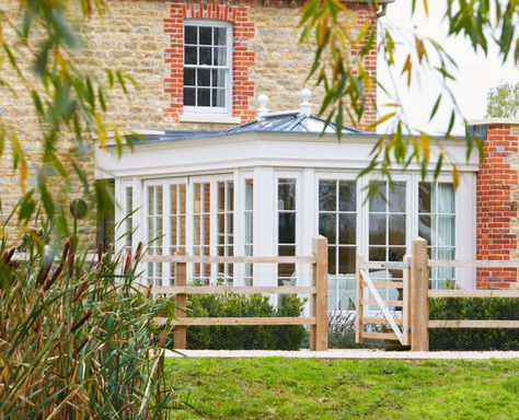 Grade II listed Georgian farmhouse transformed by spacious timber orangery - Westbury Garden Rooms Orangery Extension Kitchen, Georgian Farmhouse, Orangery Extension, Westbury Gardens, Timber Roof, Joinery Design, Roof Lantern, Backyard Studio, Garden Rooms