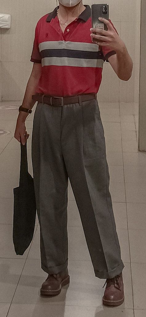 Red polo shirt, gray pleated pants, cherry red doc martens, black tote bag Old Man Clothes Aesthetic, Grandpa Clothes Aesthetic, Grandpa Aesthetic Outfit, Grandpa Outfit Men, Grandpa Fits, Men Vintage Outfits, Hogwarts Script, Old Man Clothes, Old Man Outfit