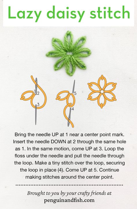 Lazy daisy stitch - embroidery how-to, quick video, and step by step g Embroidery Stitches Flowers Tutorials Simple, Simple Daisy Embroidery Tutorial, Daisy Embroidery Pattern Simple, How To Embroidery Flowers Step By Step, Embroidery Lazy Daisy Tutorial, Filled Lazy Daisy Stitch, Cross Stitch Step By Step, Free Daisy Embroidery Pattern, Daisy Embroidery Pattern Template