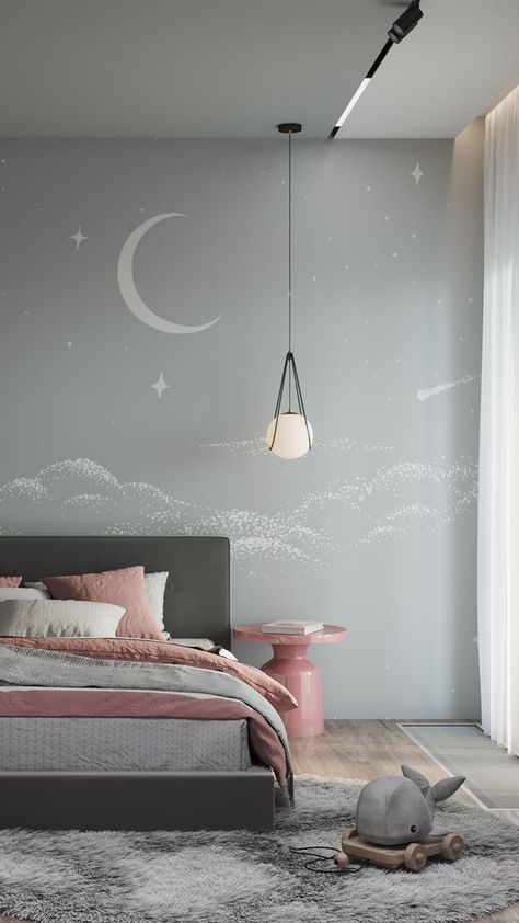 Gray Moon Wallpaper, Children Room Design, Wallpaper For Kids Room, Bedroom Children, Wallpaper For Kids, Moon Wallpaper, Kids Room Wallpaper, Kids Wall Decor, Children Room