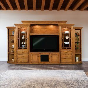 Wood Entertainment Unit, Entertainment Center Wall, Antique Wood Furniture, Large Entertainment Center, Entertainment Center Wall Unit, Wood Entertainment Center, Living Room Wall Units, Curio Cabinets, Build Design