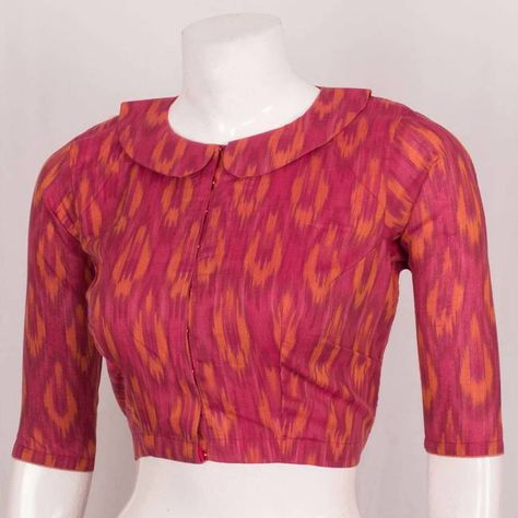 Handcrafted Ikat Cotton Blouse With Cut Collar Neck Collar Neck Designs For Blouse, Kurtis Neckline, Blouse Front Neck Designs, Blouse Sleeves Design Latest, Neck Designs For Blouse, Blouse Front Neck, Front Neck Designs, Blouse Designs Images, Blouse Sleeves Design