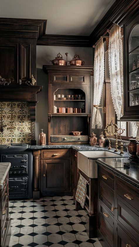 Cozy Kitchen Black Counter, Victorian Style Kitchen Cabinets, Home Decor Old House, Gothic House Decor Ideas, Antique Cabinets In Kitchen, Antique Kitchen Aesthetic, Antique Kitchen Design, Vintage Homes Interior, Vintage Kitchen Dishes