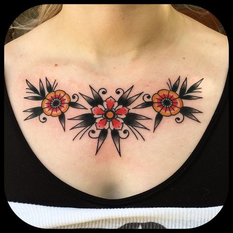 Clavicle Tattoo, Piece Tattoo, Floral Tattoos, Chest Tattoos, Chest Piece Tattoos, Ink Inspiration, Traditional Tattoos, Chest Piece, School Tattoo