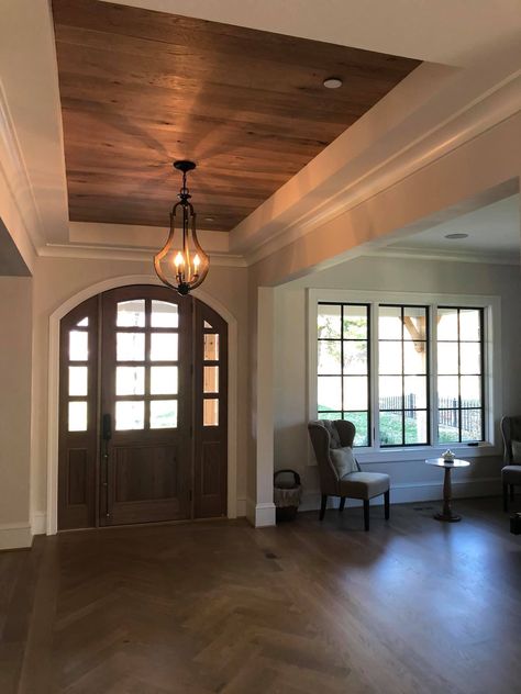 Entryway With Wood Ceiling, Wood Detail On Ceiling, Large Room Ceiling Ideas, Barrel Ceiling Entryway, Wood Accents On Ceiling, Foyer With Wood Ceiling, Entry Tray Ceiling, Wood Inlay Ceiling, Short Ceiling Entryway