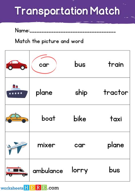 Circle Transportation Names with Correct Pictures Activity PDF Worksheets For Kindergarten - WorksheetsHere.com Transportation Worksheet Kindergarten, Transportation Preschool Activities, Transportation Worksheet, Transportation Preschool, Worksheets For Kindergarten, By Bus, Canoe Trip, When I Go, My School