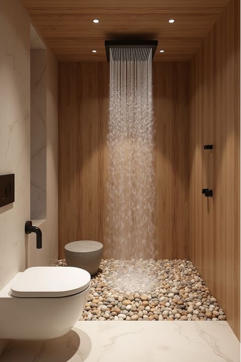 Spa-inspired bathroom with wood accents and pebble shower floor Stone In Shower Wall, Zen Like Bathroom Ideas, Luxury Natural Bathroom, Scandi Bathroom Ideas Master Bath, Boho Wet Room, Neutral Shower Room, Chill Bathroom Ideas, Spa Like Guest Bathroom, Spa Bathroom Inspiration