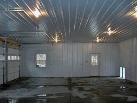 Top 40 Best Garage Ceiling Ideas - Automotive Space Interior Designs Garage Ceiling Ideas, Corrugated Tin Ceiling, Corrugated Metal Wall, Pole Barn Garage, Garage Ceiling, Ceiling Options, Finished Garage, Garage Roof, Garage Exterior