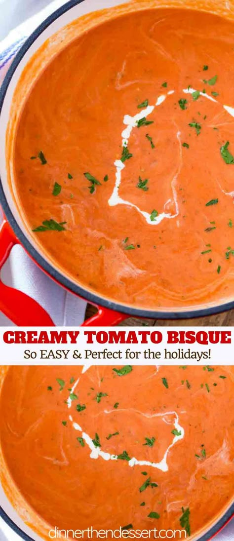 Tomato Bisque is super silky smooth version of the classic tomato soup we all love with a finishing touch of heavy cream in less than an hour and no babysitting the pot! | #soup #tomatosoup #fall #dinnerthendessert #winter #tomato #christmas #thanksgiving Best Tomato Bisque Soup Recipe, Soups For Christmas Dinner, Golo Meals, Popular Soups, Tomato Soups, Tomato Bisque Soup, Bisque Soup Recipes, Soup Homemade, Cream Of Tomato