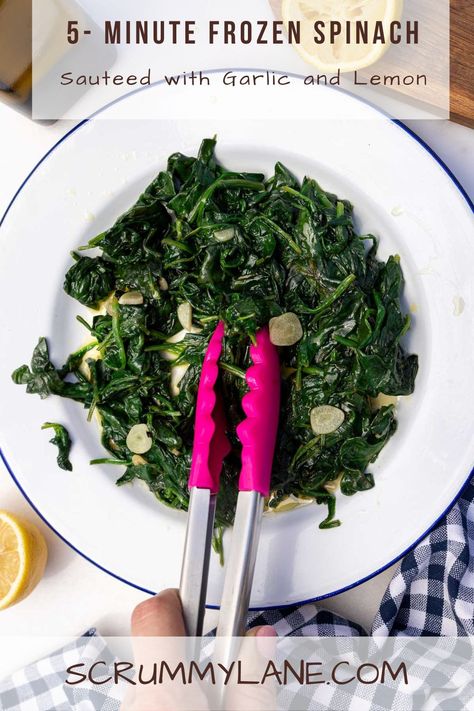 Sautéed frozen spinach is a quick and easy side dish that you can pull together in literally 5 minutes. Simply pull out a bag of frozen spinach and throw it into a hot pan with garlic - without defrosting first! Finish with fresh tangy lemon juice, salt and pepper, and a large drizzle of extra virgin olive oil. This is so much tastier than the sum of its parts. Since it goes with almost everything, it'll soon become one of your dinner go-tos. Spinach Sauteed, One Bowl Cake, Greek Quesadillas, Spinach Wraps, Greek Flavors, Frozen Green Beans, Easy Side Dish, Sauteed Spinach, Garlic Fries