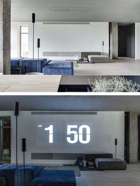 This wall doubles as a screen for a projector. Modern Projector Wall, Projector Wall Design, Projector On Wall, Projector Wall Ideas, Wall Projector, Projector Wall, Tech Room, Apartment Checklist, Duplex Design