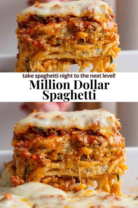 Million Dollar Spaghetti - Our epic Million Dollar Spaghetti recipe is full of flavor and perfect for a Sunday Supper with the family or feeding a crowd! #milliondollarspaghetti #milliondollarspaghettirecipe #milliondollarspaghetticasserole #milliondollarspaghettirecipeeasy #milliondollarspaghettieasy #milliondollarspaghettibake Ree Drummond 3 Sauce Baked Spaghetti, Baked Spaghetti Recipe For A Crowd, Fall Spaghetti Recipes, Pan Spaghetti Recipes, Upside Down Spaghetti, Old Chicago Spaghetti Pie Recipe, Spaghetti Meal Ideas, Spaghetti For A Crowd Parties, Million Dollar Spaghetti Bake