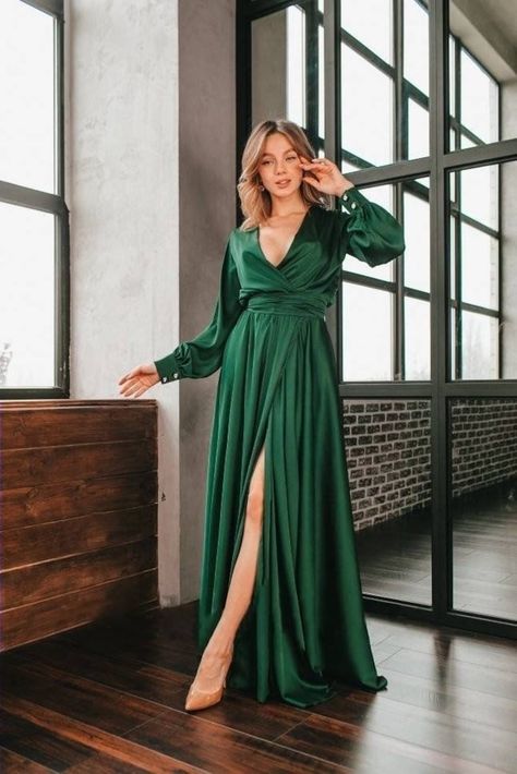 Emerald silk satin A-line maxi wrap dress/emerald bridesmaid | Etsy Emerald Bridesmaid Dress, Emerald Bridesmaid, Wrap Dress Bridesmaid, Silk Evening Dress, Emerald Bridesmaid Dresses, Evening Dress Long, Green Silk Dresses, Grey Bridesmaid Dresses, Silk Wrap Dresses