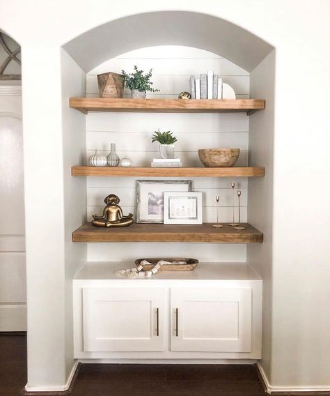 How To Style A Wall Nook, Nook Shelves Ideas, Built In Shelves In Nook, Nook In Wall Ideas, Decorative Nook In Wall, Hall Nook Ideas Hallways, Storage Nook Ideas, Hallway Nook Decor, End Of Hallway Shelves