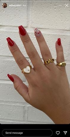 Red Nail Designs On Short Nails, Spring Nail Art Red, Simple Red Gel Nails, Red Nails With Ring Finger Design, Red Rhinestone Nails Short, Nails With One Design Ring Finger, Short Nail Designs Cherry, Red Nail Designs Spring, Red Gel Nails Designs Short