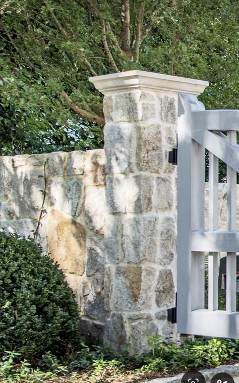 Stone Gate Pillars, Stone Pillars Driveway Entrance, Stone Gate Entrance, Hampton Exterior, Farmhouse Fence, Farm Gates Entrance, Gated Driveway, Arbor Gate, Property Gates