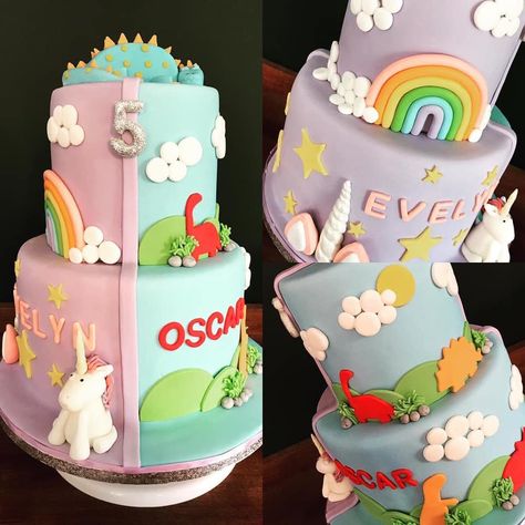 Bespoke Twin birthday cake from Sian's Little Cakery, Grantham Lincolnshire. Unicorns and Dinosaur Cake. #sianslittlecakery #bespoke #unicorn #partycake #bespokecakes #birthdaycake #cakedecoration #cakemaker #baker #lincolnshire #nottinghamshire #rutland #showstopper #dinosaur #cakeicing #grantham #cakedesign Half Unicorn Half Dinosaur Cake, Double Themed Birthday Cake, Unicorn And Dragon Cake, Dinosaur And Unicorn Cake, Dinosaur Unicorn Cake, Unicorns And Dinosaurs Birthday Party, Unicorn Dinosaur Cake, Dinosaur And Unicorn Birthday Party, Unicorn And Dinosaur Party