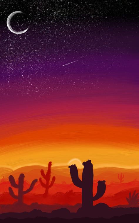 Desert Sky Night, Sunset With Stars Painting, Desert Sunset Painting Easy, Desert At Night Painting, Desert Night Painting, Sunset Moon Painting, Desert Night Art, Night Desert Painting, Sun Rise Drawing