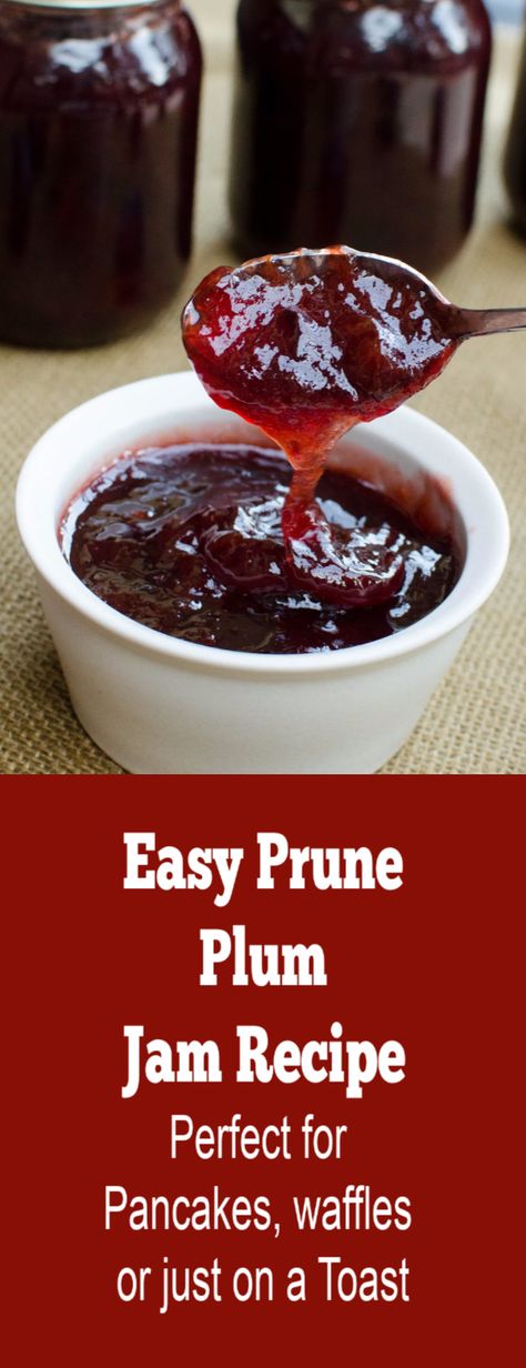 Easy homemade delicious prune jam, sweet and a bit of sour, its perfect to serve with pretty much any breakfast food or to serve with toast as a snack. #momsdish #easyrecipe #homemadejam #prune #prunejam #breakfast Prune Plum Jam Recipe, Prune Plum Jam, What To Do With Prunes, Prune Plums Recipes, Prune Plum Recipes, Prunes Recipes, Plum Freezer Jam, Prune Jam, Plum Jam Recipe