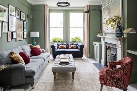 Victorian Terrace SE22 - Laura Stephens Smokey Green Paint, Victorian Terrace Living Room, Reception Room Design, Double Reception Room, Victorian Lounge, Victorian Terrace Interior, Lounge Makeover, Front Room Decor, Terrace Interior