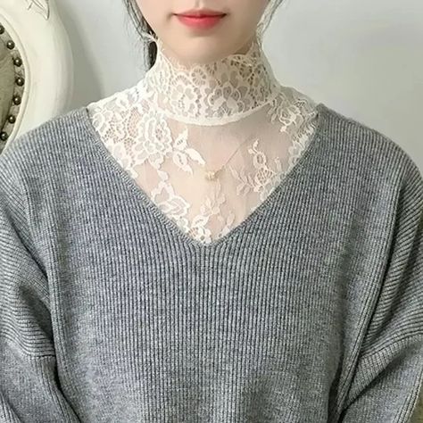 Lace Collar Outfit, Lace Collar Shirt, Collar Outfits, Dress Extender, Top Cosplay, Half Shirt, Fake Collar, Spring Work Outfits, Half Shirts