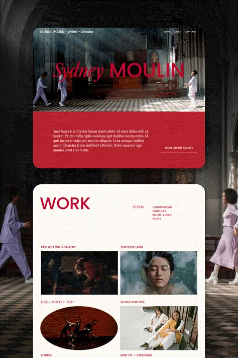 I am so pleased to be sharing the Moulin template with you. It is our latest premium Squarespace template—a portfolio website designed for the contemporary filmmaker who loves both colour and minimalism. Click through for a Tempixel BTS look! Filmmaker Website Design, Videography Website Design, Simple Design Portfolio, Filmmaker Portfolio Website, Contemporary Web Design, Horror Website Design, Film Website Design, Luxurious Website Design, Creative Website Design Ideas