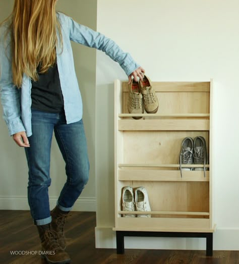 Diy Small Space Shoe Storage, Shoe Rack Entryway Small Spaces Wood, Diy Narrow Shoe Storage, Homemade Shoe Shelf, Diy Vertical Shoe Storage, Entryway Shoe Rack Ideas, Low Profile Shoe Rack, Diy Shoe Storage Small Space, Diy Wall Shoe Rack Small Spaces