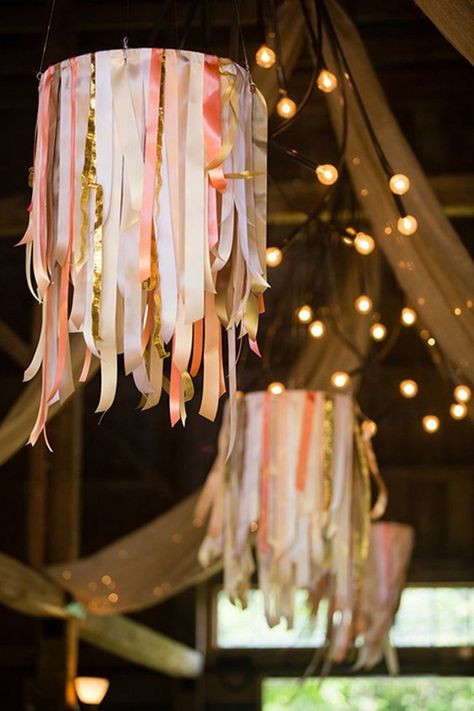 ribbon decorations for weddings / http://www.himisspuff.com/ribbon-wedding-ideas/3/ Ribbon Chandelier, Industrial Chic Decor, Industrial Chic Wedding, Deco Champetre, Barn Wedding Decorations, Wedding Chandelier, Boho Wedding Decorations, Wedding Boho, Rustic Barn Wedding