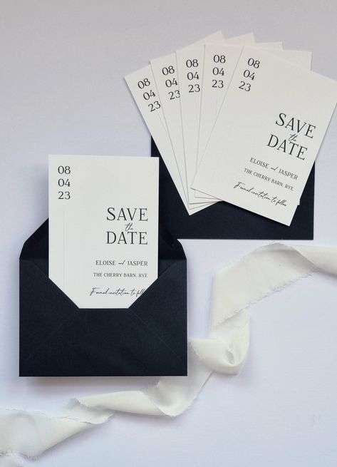 Save The Date Monochrome, Black Tie Save The Date Ideas, Save The Date Embossed, Monochrome Wedding, Save The Date Inspiration, Monochrome Weddings, Black And White Wedding Theme, Bespoke Wedding Stationery, Modern Save The Dates