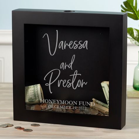 Honeymoon Fund Invitation, Black Wood Trim, Honeymoon Couples, Gift Of Money, Diy Card Box, Personalized Shadow Box, Wedding Shadow Box, Harry Potter Wedding Theme, Wedding Fund