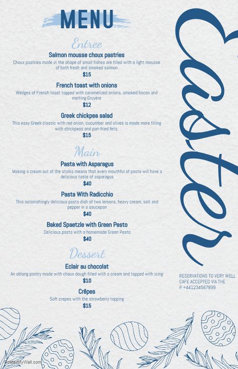 Blue Modern cafe restaurant Easter Menu template Greek Restaurant Menu Design, Blue Menu Design, Greek Restaurant Design, Greek Menu, Greek Restaurant, Menu Layout, Easter Menu, Invert Colors, Menu Design Template