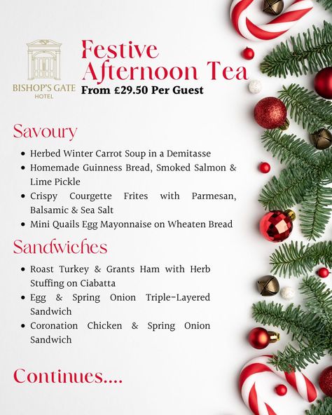 🎄✨ Indulge in the magic of the season with our Festive Afternoon Tea, served Sunday to Thursday throughout December from just £29.50 per guest. Perfect for a cozy catch-up with colleagues or a treat after exploring the independent stores in the Cathedral Quarter and Walled City. 🍰☕️ Reserve your table today by calling 028 7114 0300 and make this festive season extra special! 🎁🎶 #FestiveAfternoonTea #BishopsGateHotel #ChristmasInDerry #bishopsgatehotel #bishopsgate #bishopsgatehotelderry #... Egg Mayonnaise, Lime Pickles, Lime Salmon, Herb Stuffing, Carrot Soup, Quail Eggs, Walled City, Spring Onion, The Cathedral