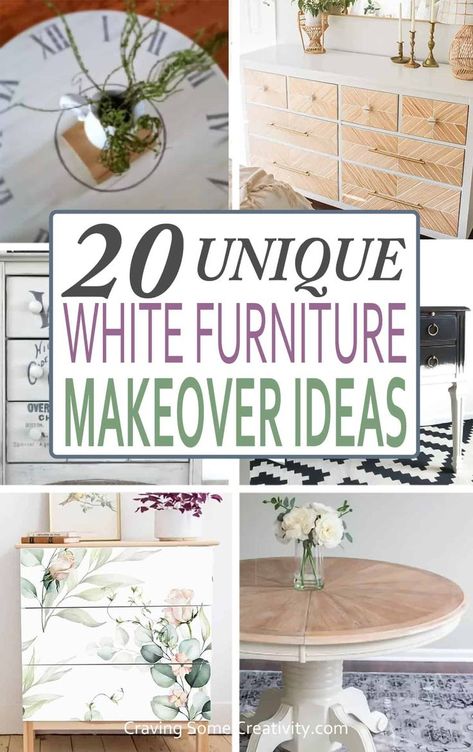 Collage of white painted furniture makeovers and ideas. White Painted Furniture Ideas, Painted Stair Railings, Kitchen Cabinet Paint Colors, Navy Kitchen Cabinets, Kitchen Cabinet Paint, Thrift Store Furniture Makeover Diy, Kitchen Examples, Painted Furniture Ideas, Navy Kitchen