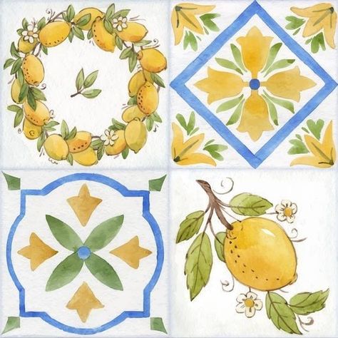 Lemon Watercolor, Pattern Watercolor, Lemon Decor, Soyut Sanat Tabloları, Islamic Art Pattern, Fruit Painting, Tile Designs, Square Pattern, Tile Art