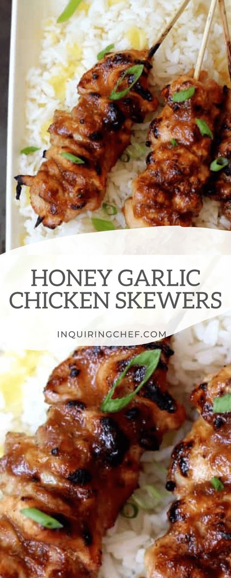 Honey garlic chicken skewers are coated in a sticky sauce that’s sweet, savory, and made with natural honey, fresh garlic and ginger, and simple soy sauce. The chicken cooks quickly on the grill, and the marinade is addictively good! #chicken #grill #marinade #summer #easyrecipe #dinnerrecipe #dinner #easychickenrecipe Honey Garlic Chicken Skewers Air Fryer, Honey Garlic Chicken Kabobs, Sticky Chicken Skewers, Marinated Chicken Skewers Grilled, Honey Garlic Chicken Skewers, Chicken On A Stick Recipe, Chicken Skewers Marinade, Garlic Chicken Skewers, Chicken Ramen Stir Fry