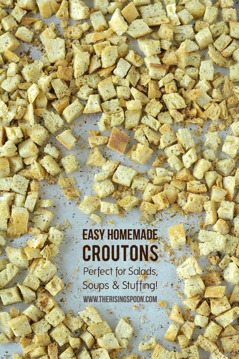 Learn how to make homemade croutons from your favorite bread. This recipe is so easy you'll kick yourself for not trying it earlier. How To Make Croutons, Crouton Recipes, Winter Favorites, Homemade Stuffing, Homemade Ramen, Leftover Bread, Croutons Homemade, Winter Recipes, Holiday Food