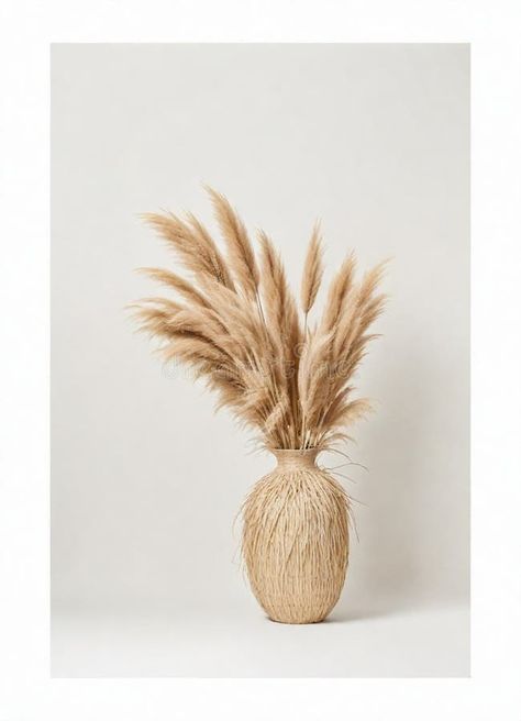 Tan vase with feathers and pampas on it stock photography Stock Photography, Photo Image, Stock Photos, Vase, Photography