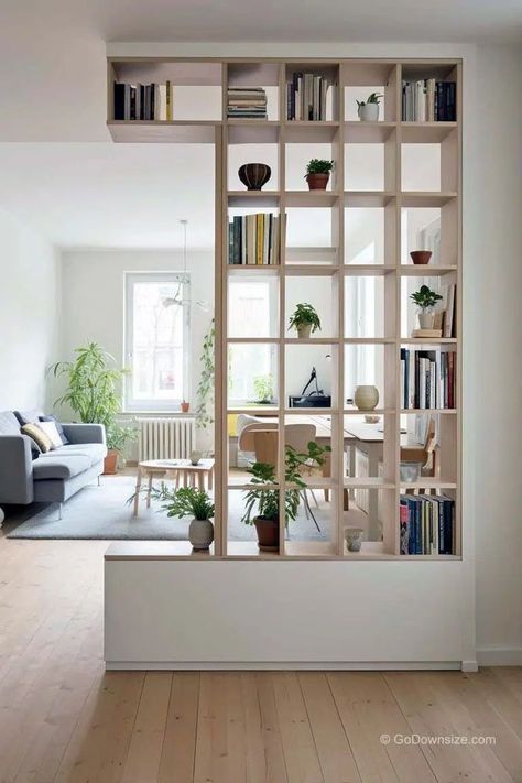 Partition Wall With Shelves, Living Divider Ideas, Bookshelf Partition Wall, Divide Room With Paint, How To Divide Kitchen From Living Room, Divider Wall Ideas Living Room, Home Divider Ideas, Kitchen And Living Room Divider Ideas Small Spaces, Bookshelves Divider