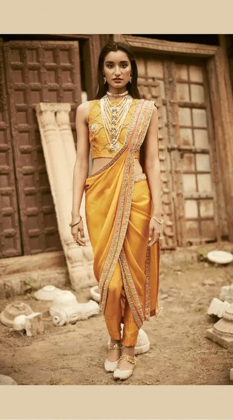 Saree With Pants, Pant Saree, Haldi Ceremony Outfit, Haldi Dress, Saree Drapes, Drape Sarees, Saree Drape, Dhoti Saree, Dark Fairycore Outfits