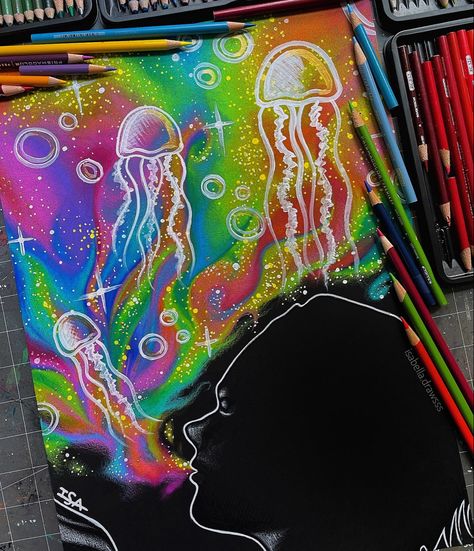 colored pencil drawing by isabella.drawsss Neon Colored Pencil Drawings, Trippy Colored Pencil Art, Jellyfish Drawing Colored Pencil, Highlighter Drawings Trippy, Trippy Colored Pencil Drawing, Trippy Ocean Drawing, Isabella Drawsss, Trippy Blacklight Paintings, Hippie Room