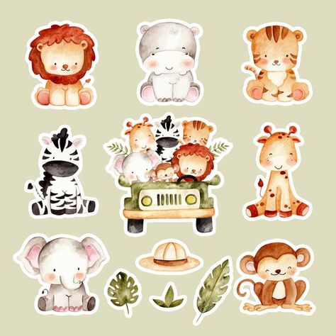 Watercolor hand drawn cute safari animal... | Premium Vector #Freepik #vector #watercolor #baby #design #cartoon Safari Topper, Animal Frame, Animal Templates, Baby Teddy Bear, Watercolor Elephant, Cute Lion, Baby Lion, Safari Party, Safari Theme