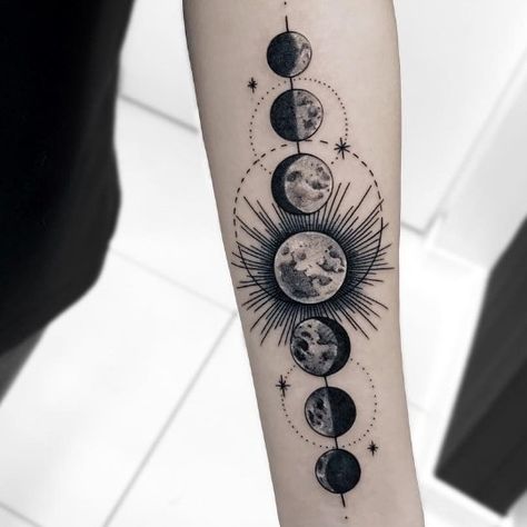 Pagan Tattoo, Moon Phases Tattoo, Planet Tattoos, Muster Tattoos, Moon Tattoo Designs, Moon And Sun, Phases Of The Moon, Sun Tattoo, Elegant Tattoos