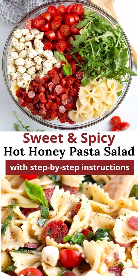 Looking for a sweet and spicy twist on a summer favorite? Try this Hot Honey Pasta Salad! With just a handful of ingredients, it's easy to make and ready in 20 minutes. Adjust the heat level to your liking and enjoy this cold pasta salad as a refreshing summer side dish or alongside grilled meat at your next BBQ. Easy Sides For Grill Out, Summer Bbq Potluck Ideas, Quick Sides For Bbq, Bbq Main Dish Ideas, Foods To Bring To A Bbq, Cold Pasta Dishes Summer, Pasta Salad Entree, Dish To Take To A Party, Grill Out Food Sides Easy