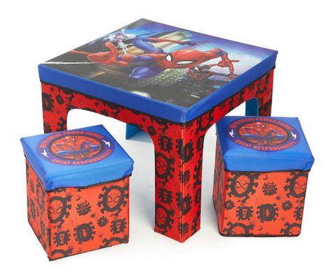 Spend play time with Spidey using this collapsible table and ottoman set! Each piece features a removable lid for storage, allowing kids to keep their toys, books, games and more organized and in place. Featuring cool graphics with Spider-Man, Miles Morales and Spider Gwen, this set is perfect for a child's bedroom, play room or a living space. Miles Morales And Spider Gwen, Spiderman Bedroom Ideas Kid Rooms, Spiderman Room Target, Spiderman Room Boys, Miles Morales Bedroom, Spiderman Room Boys Target, Spider-man Room, Spiderman Bedroom Walmart, Spiderman Kids Room