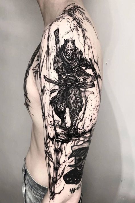 Interesting Tattoos For Guys, Cyberpunk Samurai Tattoo, Japanese Ninja Tattoo, Ninja Tattoo Design, Ninja Tattoos, Tattoo Ninja, Berserk Tattoo, Ninja Tattoo, Cyberpunk Tattoo