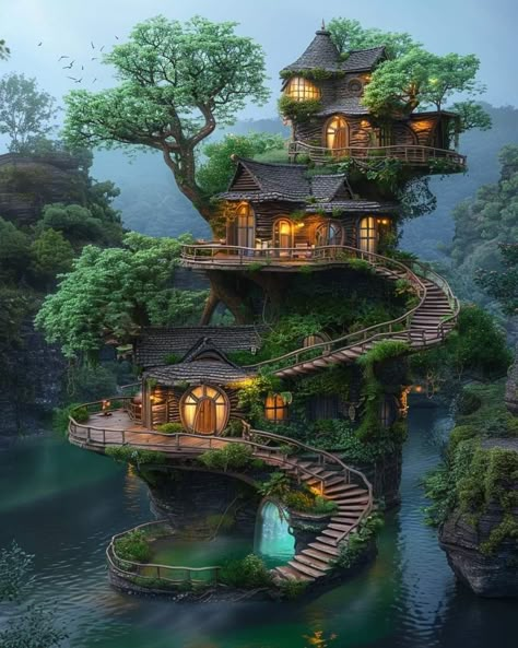 Spiral Staircase House, Tree Houses For Adults, Mythical House, Treehouse Aesthetic, Fantasy Tree House, Remote House, Fairytale Homes, Fantasy Treehouse, Enchanted House