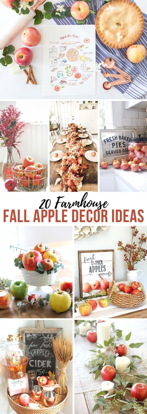 Farmhouse Fall Apple Decor Ideas Fall Apple Decor Front Porch, Apple Porch Decor, Farmhouse Apple Decor, Decorating With Apples For Fall, Fall Decor With Apples, Fall Apple Decor Diy, Apple Kitchen Decor Ideas, Apple Decorations Party, Apple Fall Decor