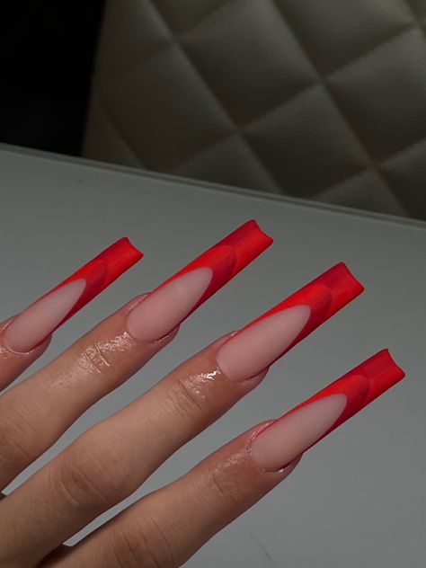 #ocnailtech #fullertonnailtech #buenaparlnailtech #ocnails #fullertonnails #anahiemnailtech #acrylicnails #longnails #shortnails #mediumnails #pinknails #glitterynails #frenchtipnails #pinknails Long Rectangle Nails, Long Red Acrylics, Red Ombre Nails Coffin Long, Red Acrylic Nails Tapered Square, Nude And Red Nail Designs, Red Ombre Nails Acrylic, Ombré Red Nails, Matte Long Nails, Red Vacation Nails