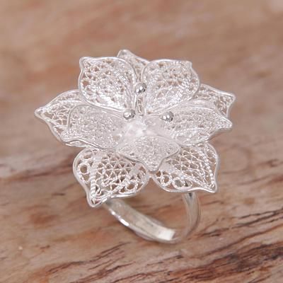 Sterling silver filigree cocktail ring, 'Sterling Tropics' - Hand Made Sterling Silver Hibiscus Flower Cocktail Ring Bali Candy Jewelry, Filigree Jewelry, Magical Jewelry, Sterling Silver Filigree, Hibiscus Flower, Silver Work, Fancy Jewelry, Lovely Ring, Silver Filigree