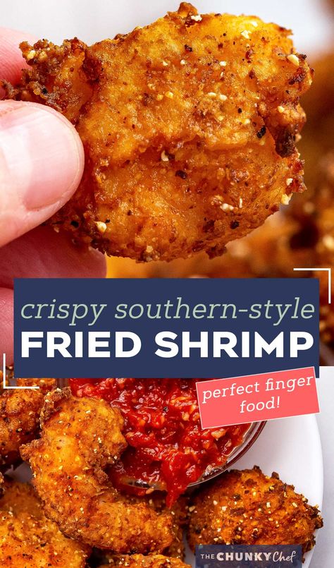 These Southern-Style Fried Shrimp are so juicy and tender, with the crispiest crust. Deep fried in a buttermilk and flour/cornmeal batter, they're perfect with cocktail sauce as an appetizer, or a fun dinner! #shrimp #friedshrimp #popcornshrimp #seafood #southernfood Fried Shrimp Recipes Easy, Dinner Shrimp, Crusted Fish, Fried Shrimp Recipes, The Chunky Chef, Chunky Chef, Fish Fingers, Popcorn Shrimp, Breaded Shrimp